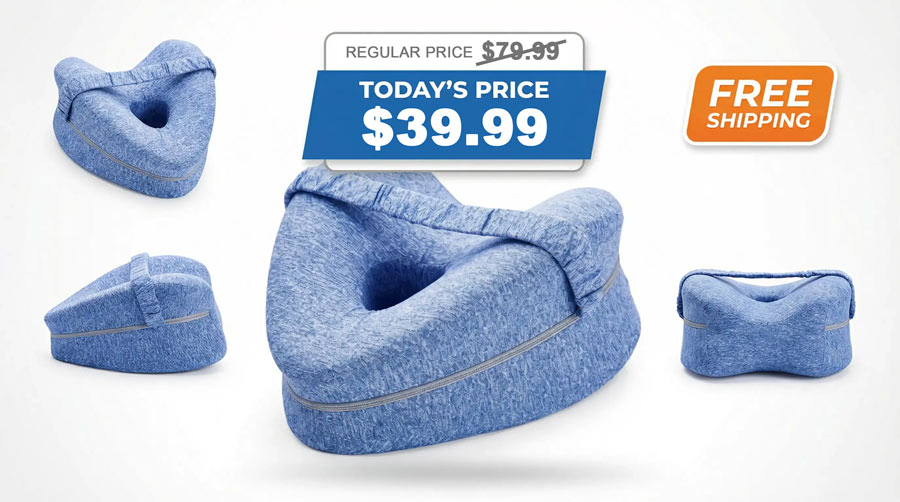 The Sciatica Pillow shown from four angles with today's price of $39.99 and free shipping