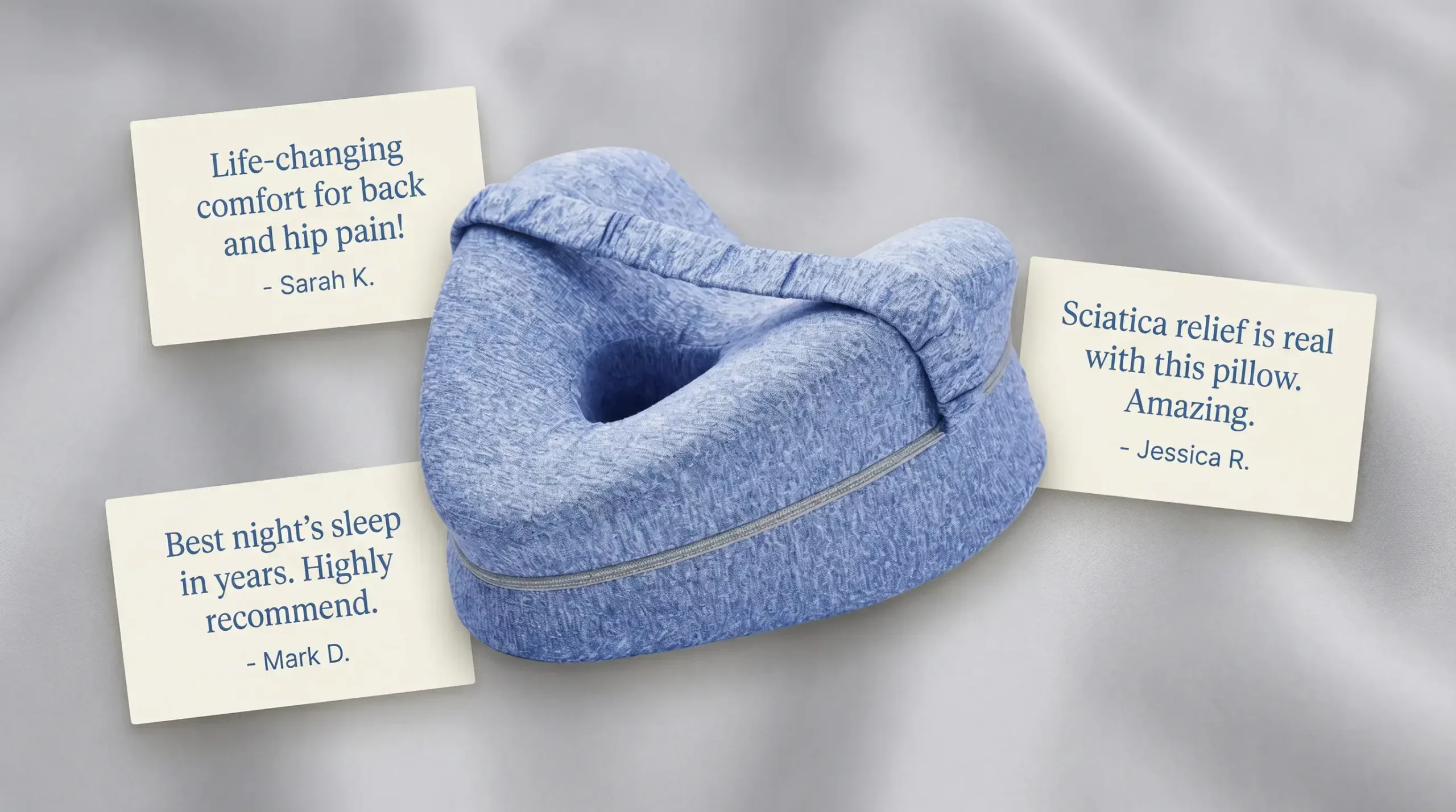 The Sciatica Pillow shown on a bed surrounded by customer comment cards